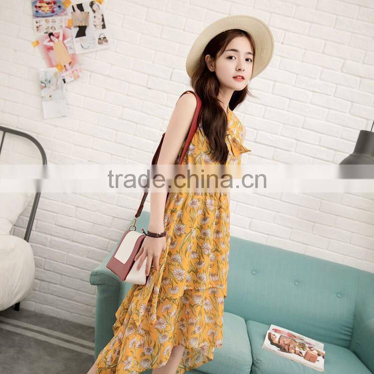 Floral print ruffles chiffon maxi dresses Strap v neck beach summer dress