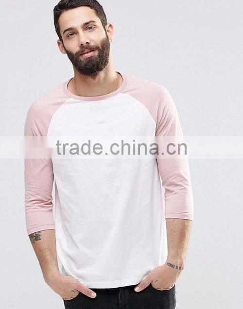 Men 100% cotton crew neck contrast raglan 3/4 sleeve t-shirt wholesale custom