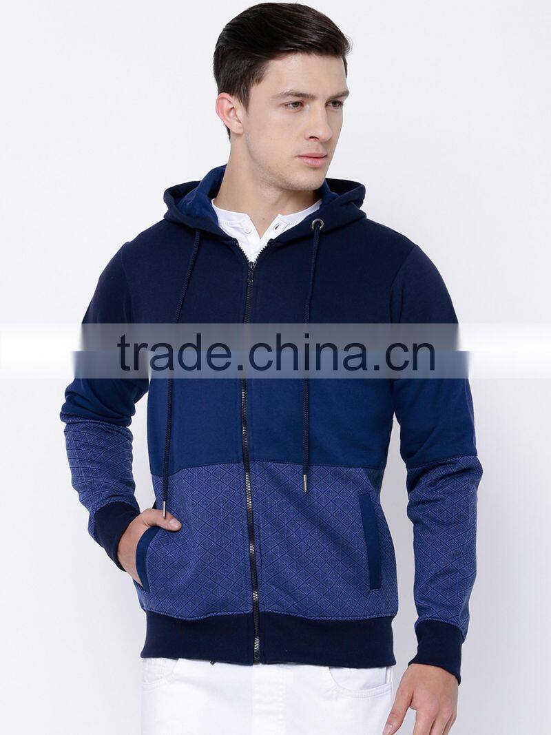 Men Blue Colourblocked Hooded Sweatshirt 2 Pockets Zip Closure Straight Hem Hoodies 100 Percent Cotton Soft Warm Comfort Sweater