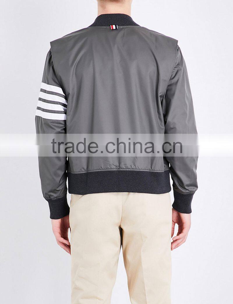2017 New Design Stripe Print Grey Bomber Jacket 100% Polyester Shell Size Medium Custom Label Sports Jacket With Mesh Lining