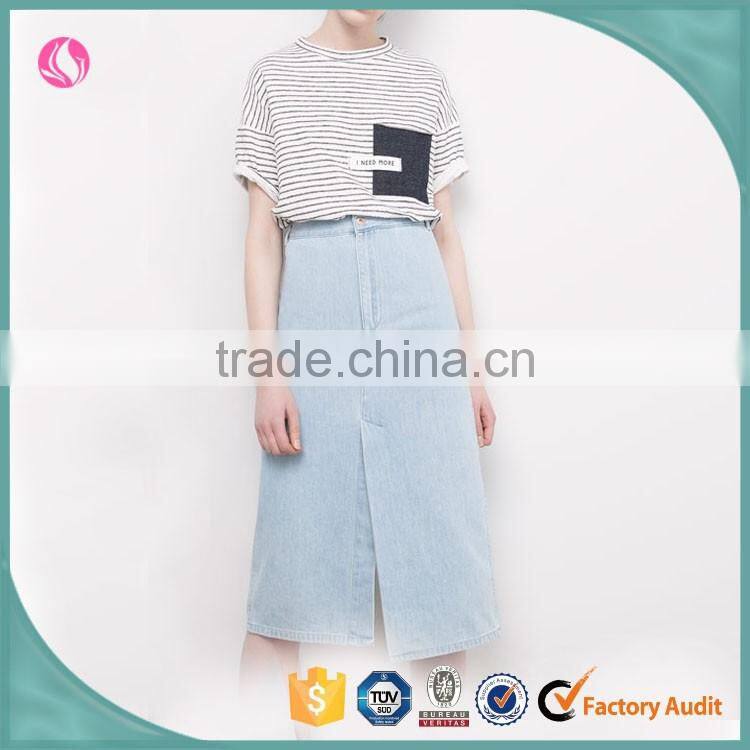 Open slit ladies long bleach wash midi long soft denim skirts