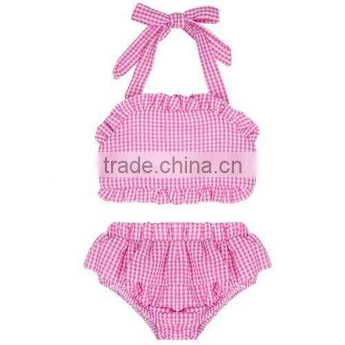 Wholesale Swimsuit Set Pink Stripe Dress Ruffle Bloomer Bowknot Headband
