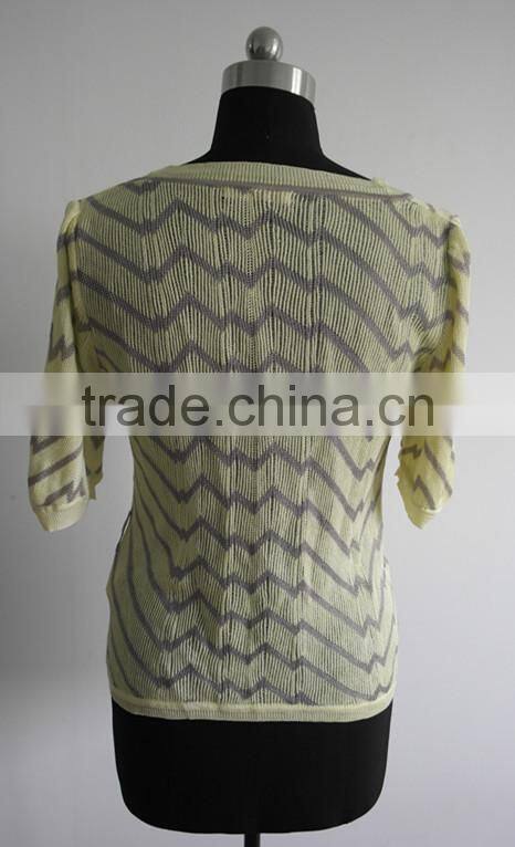 Ladies Fashion stripe knit 1/2 sleeve cardigan sweater