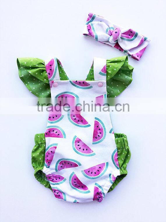Newborn Baby Girls Watercolor Watermelon Baby Girl Summer Romper Criss Cross Back with Green Dots Flutter Sleeves Bubble