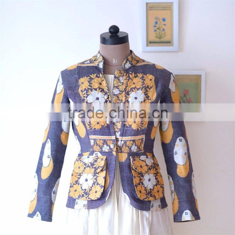 Denim Jacket in Kediyu Style with Vintage Kantha Fabric ~ Medium