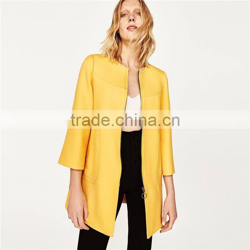 2017 OEM New Style Elegant Thin Pure Color Yellow Spring Autumn Long Coat