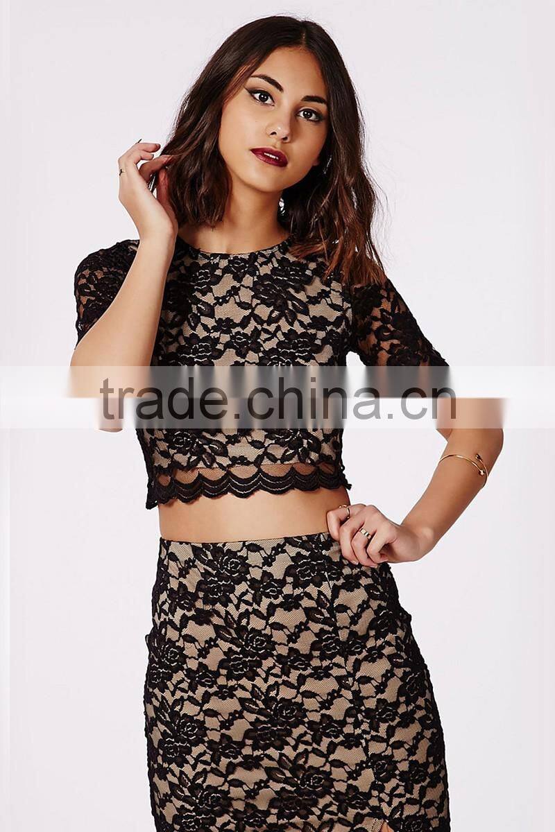 Women's summer rose pattern crop top shirt with slit long skirt suits