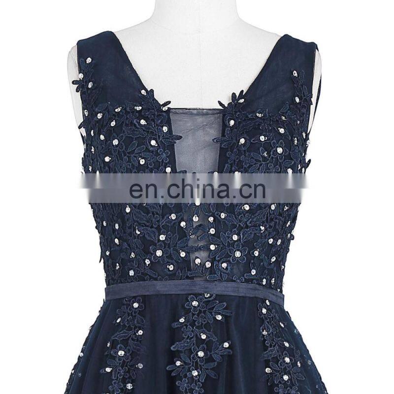 Grace Karin Elegant Deep V-Back Soft Tulle Netting Sleeveless Long Navy Blue Evening Dress 8 Size US 2~16 GK000130-1