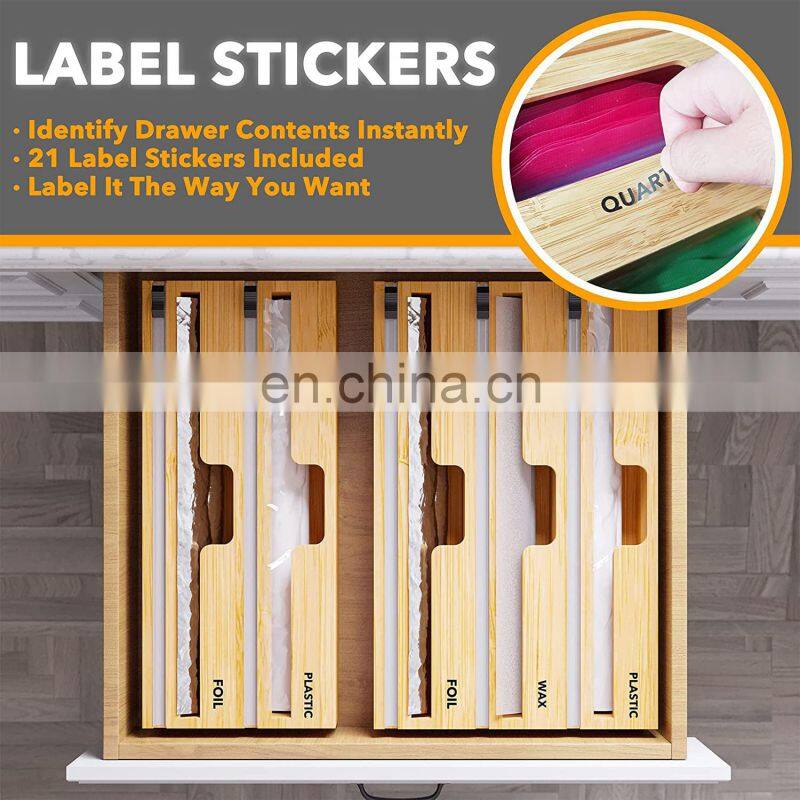 Wrap Dispenser with Cutter and Labels Plastic Wrap Aluminum Foil and Wax Paper Dispenser for Kitchen Drawer Bamboo Roll Organize