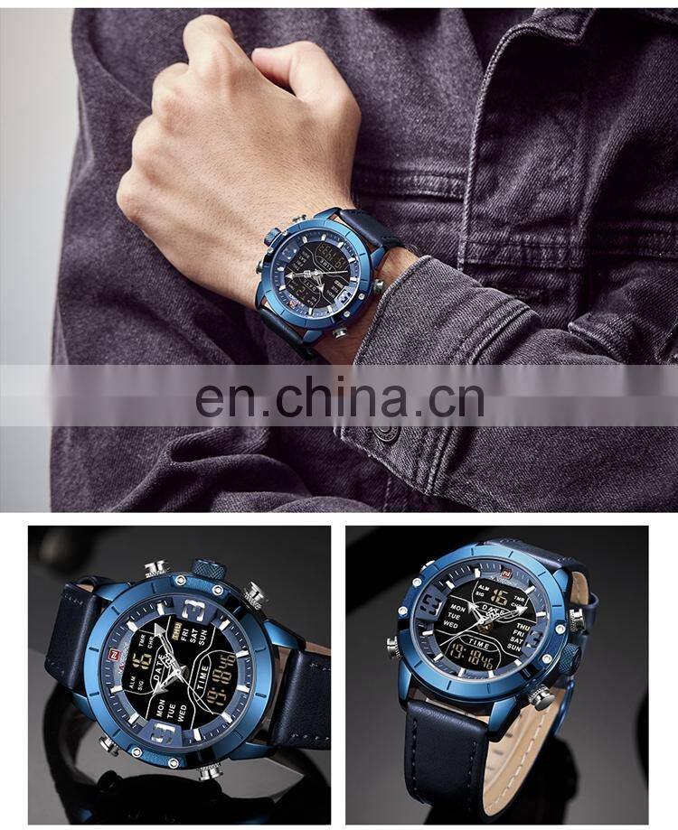 NAVIFORCE NF9153L Trendy Men Brand Analog Digital Clock Watch Leather Two Time Alarm Light Watches Men Wrist