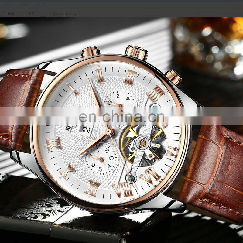 KINYUED J012 Casual Tourbillon Fashion Leather Belt Watches For Men Automatic Mechanical 12 Hours Wrist Watch