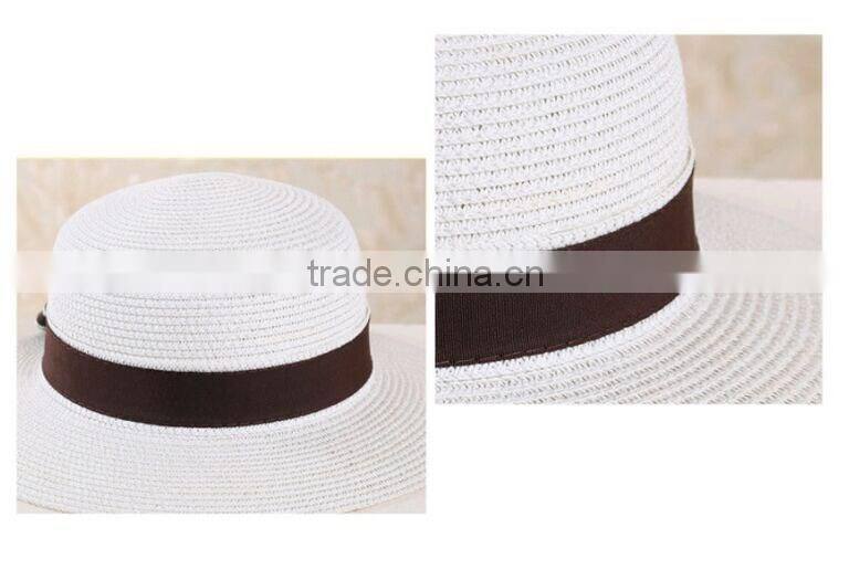 QXSH0056 White straw hat with bowknot Cloche fedora Summer women beach hat