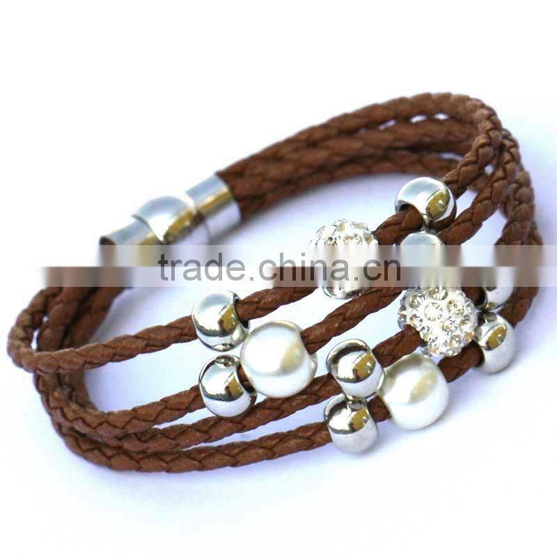 Lady PU Leather Cuff Wrap Wristband Magnetic Buckle Bracelet with Sliding Beads