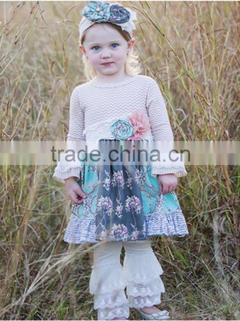 Wholesale long sleeve chevron floral dress matching lace ruffle pants baby girls clothing sets