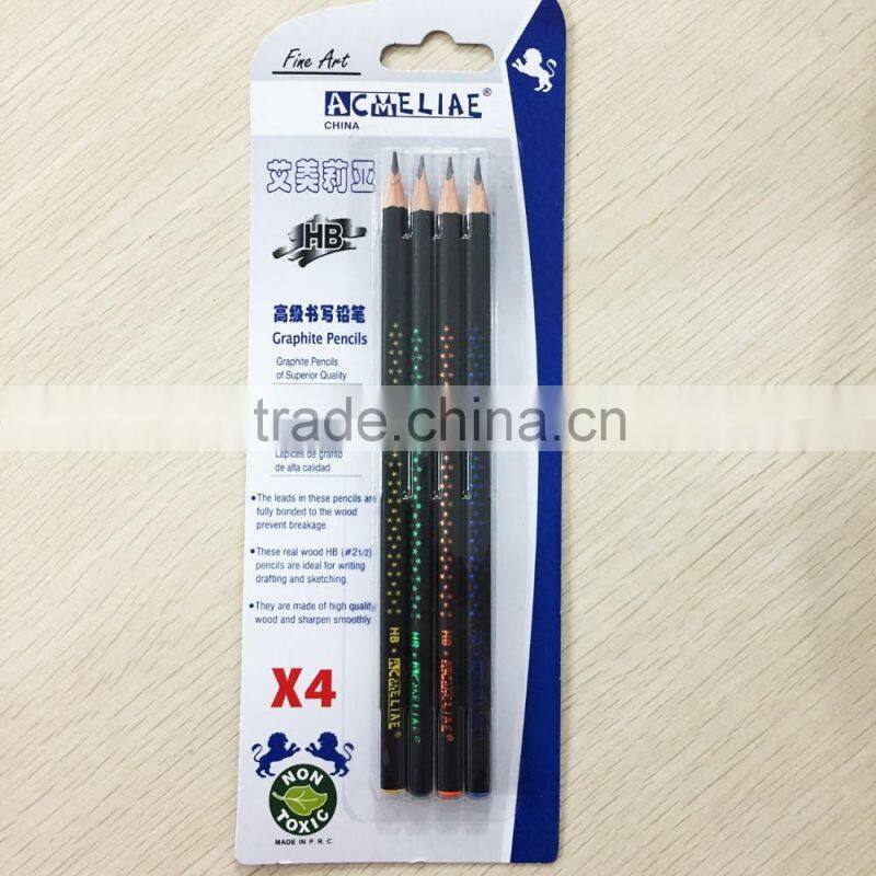 7" standard size triangular shape soft wood matt black body blister card HB pencil sharpened with dipped top