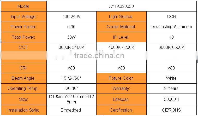 High brightness rotable recessed led downlight 30w