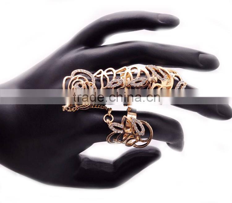 >>>2016 YIWU T&J New European style Vintage Punk Rings For Women Men Gold Plated rhinestone double finger chain Ring Sets/