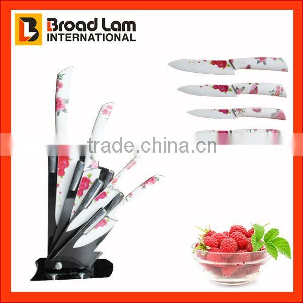 4pcs Ceramic Knife set in acrylic stand with flower printing stained paper blade and handle Customized design is welcomed