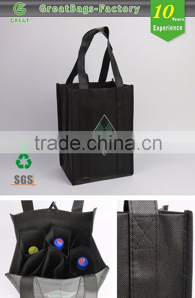 Portable Gift Black Color 6 Bottle Wine Bag, Non Woven Wine Bag, Liquor Bottle Wine Bag