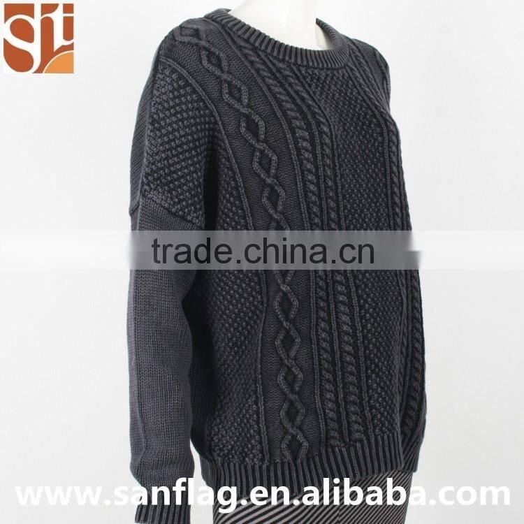 New style men round collar long sleeve jumper tops unisex christmas cotton free pattern machine knit sweater with acid wash