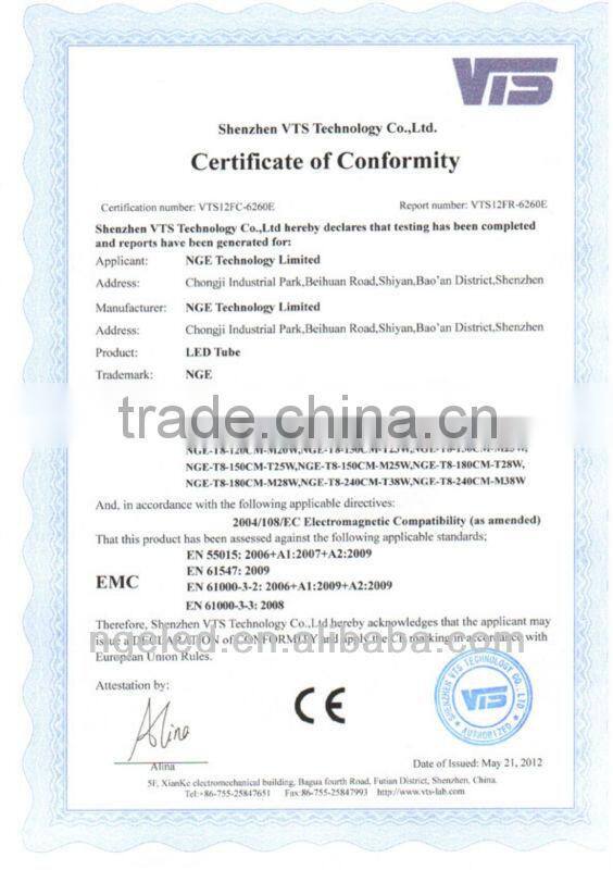 CE RoHS Ra80 36w 8ft led tube light with transparent & frosted PC cover