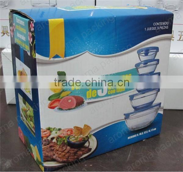 a set of five high quality glass bowl in gift box, glass crisper mixing bowl with color box