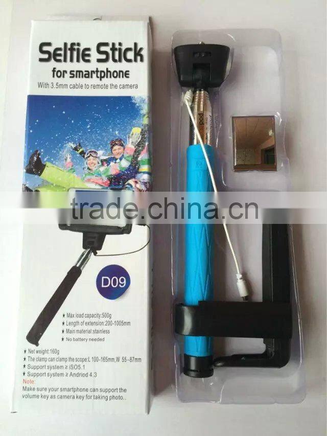 S00846 D09 Wired control version monopod with rear mirror to use rear camera 3.5mm cable selfie monopod for iOS android phones
