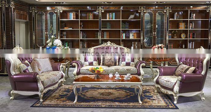 European Style Palace Princess Living Room Sofa Set, Elegant Purple Solid Wood with Leather Furniture Sofa (BF01-ML036)