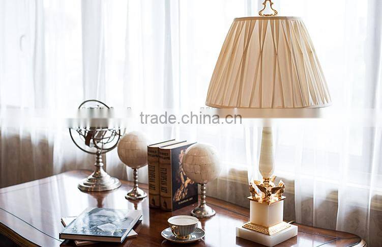 Luxury jade made body with brass decoration fabric lampshade white color table lamp