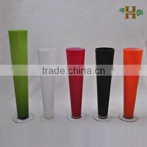 Colored tall cone shaped cylinder glass vase, handmade wedding use glassware with pinch bottom