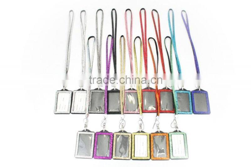 Pearl Style ID Holder with Rhinestone Lanyard, High Quality Promotion Gift PU Leather Badge Holder with Crystal Gem Decoration