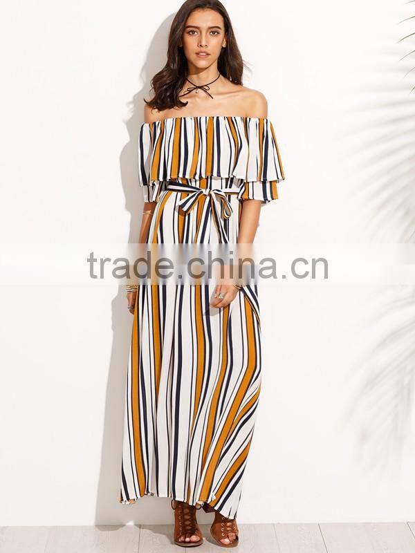 Woman Fashion Striped Off The Shoulder Tie Waist Chiffon Maxi Dress