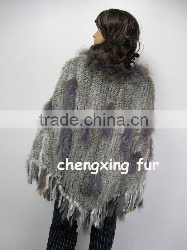 CX-B-31B Big Size Wholesale Natural Colour Knit Rabbit & Raccoon Fur Fashion Shawl
