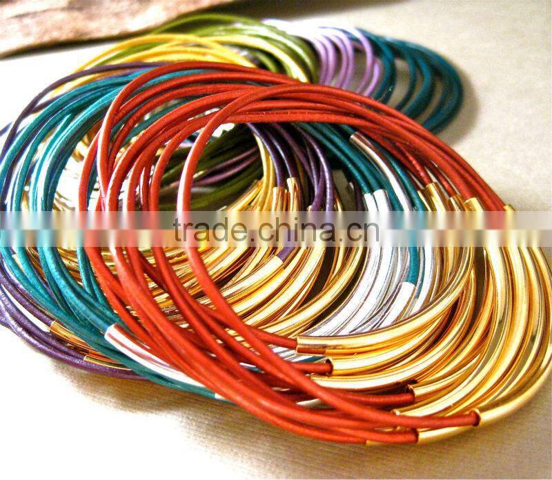 silver tube leather bracelet, 10pcs stacking leather bangle bracelet, new design thin leather bracelet