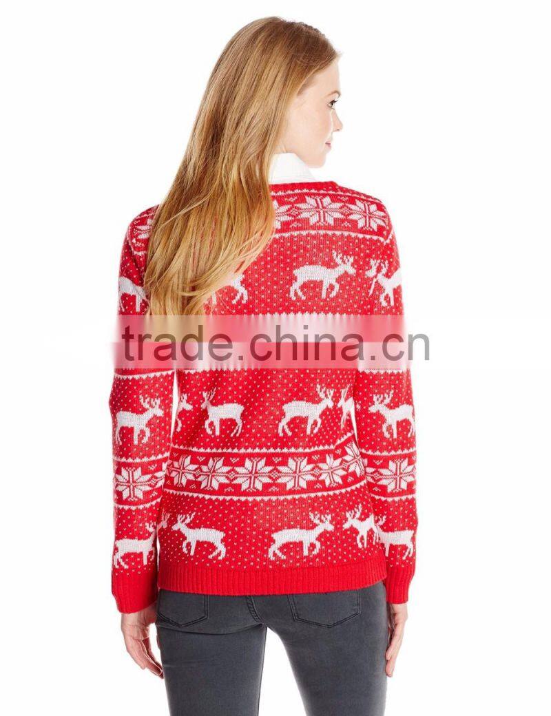Women Red Sweater Reindeer Christmas Jacquard Pattern Christmas Jumper