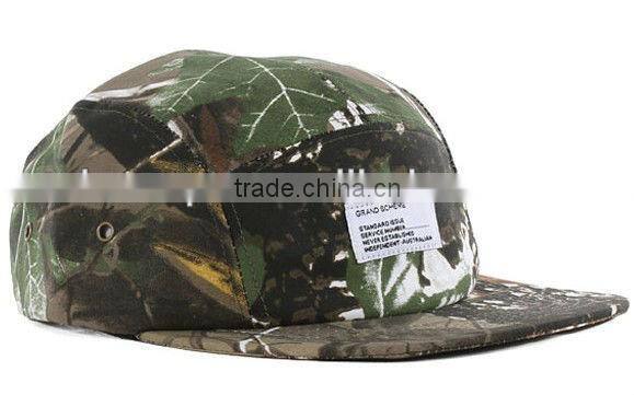 Custom fashion camo 5 panel cap with woven label/ camo cap