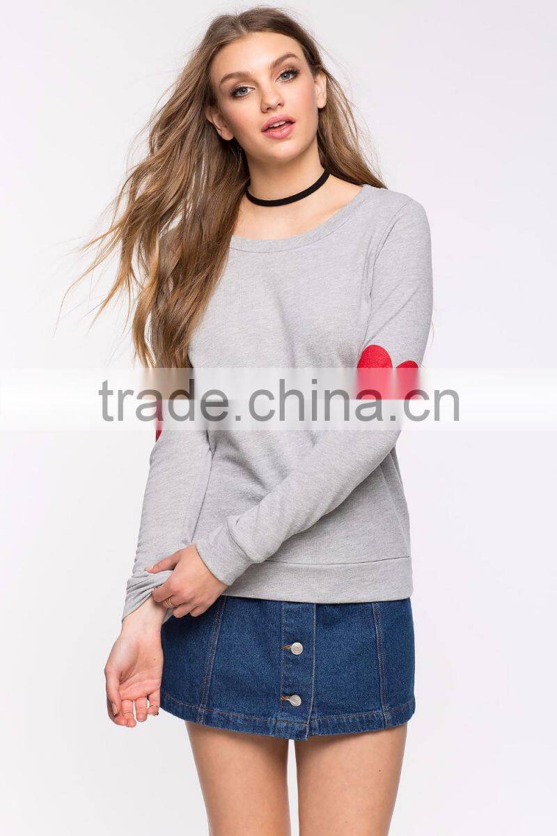 Adorable long sleeve red heart print sweatshirt,latest design ladies crewneck sweatshirt