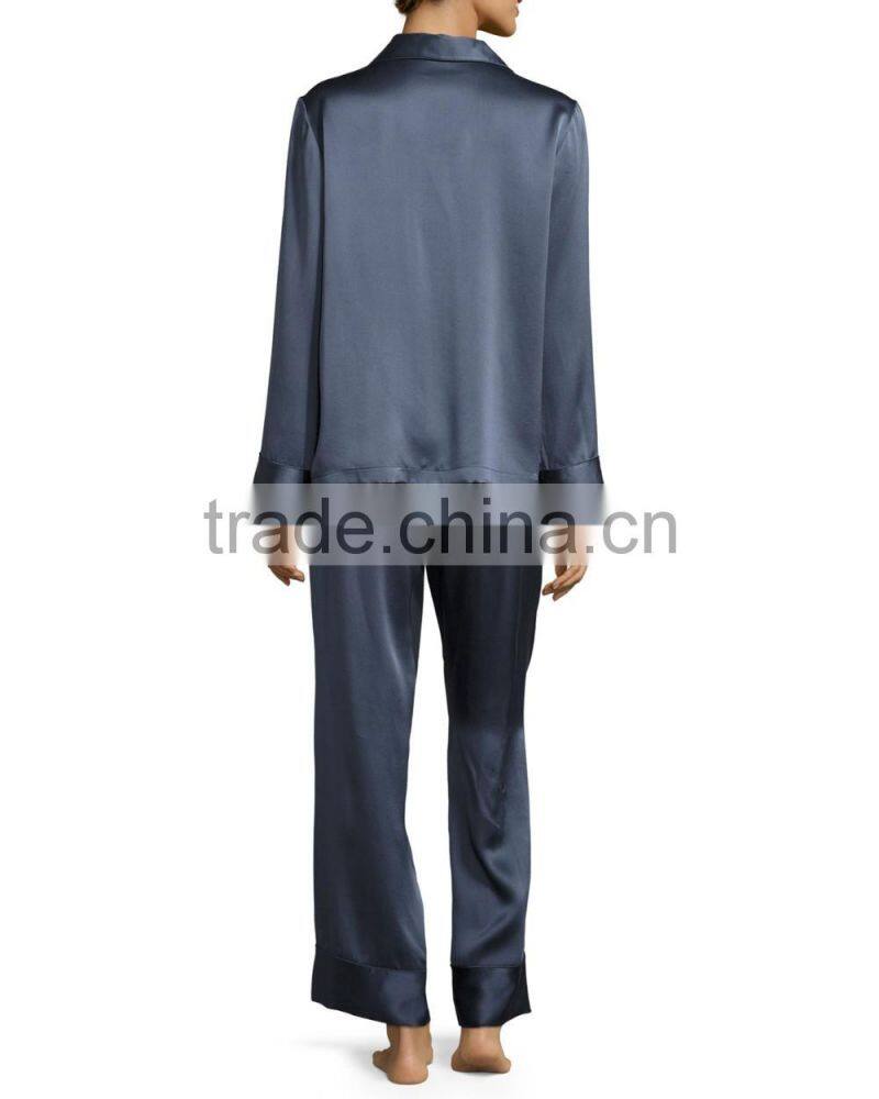Highest quality ladies elegant night sleeping shirts and pants wear stain long sleeves pajamas set wholesale