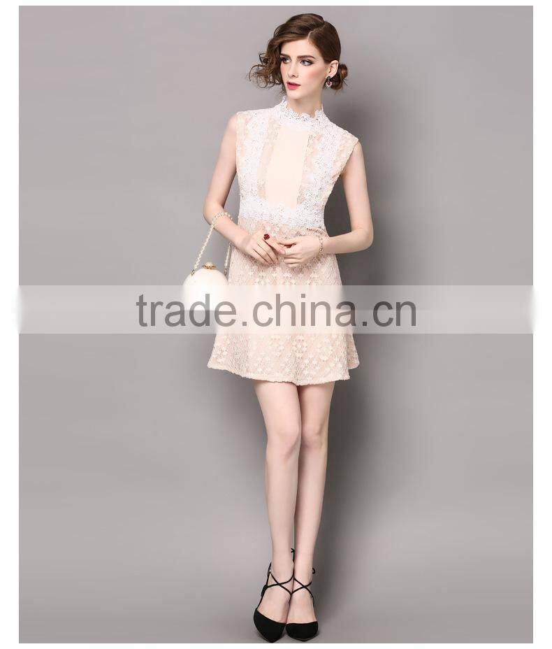 Dresses 2017 summer high grade lace neck collar sleeveless elegant lace stitching design backless party dress for women