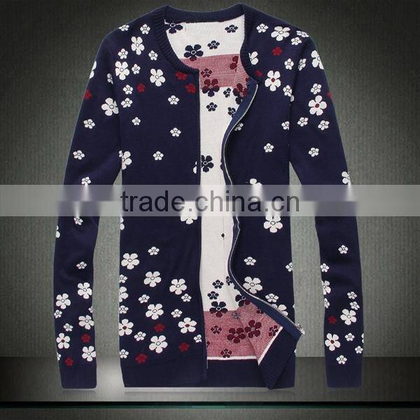Jacquard Knitted Allover Flower Pcrew Neck Men Cardigan Sweater