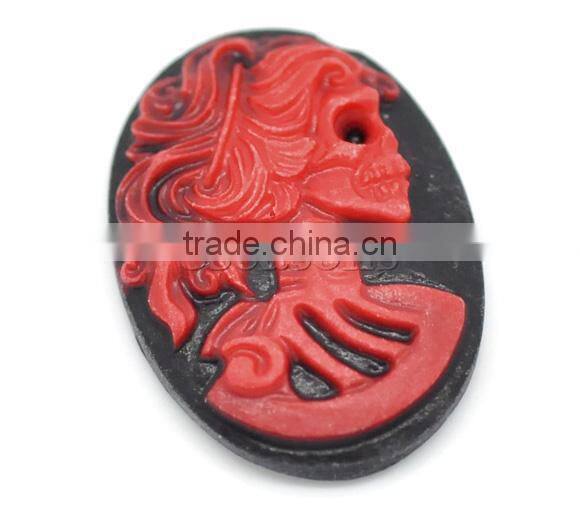 Red Resin Halloween Skull Pattern Oval Cameo 25x18mm(1"x3/4"), sold per packet of 50