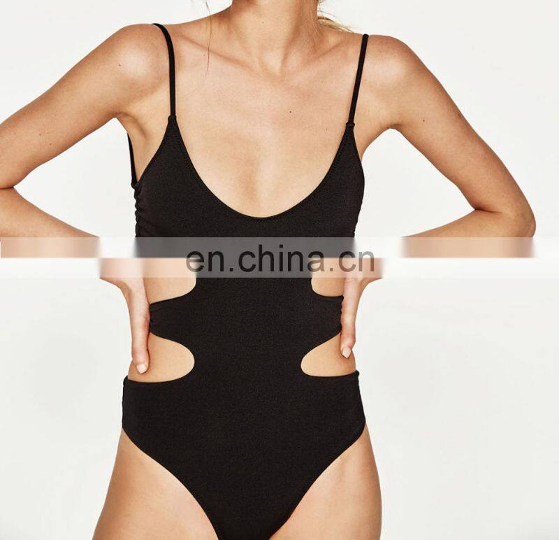 2017 New Style Black Cut Side Women V Neck Swimsuit One Piece Swimsuit