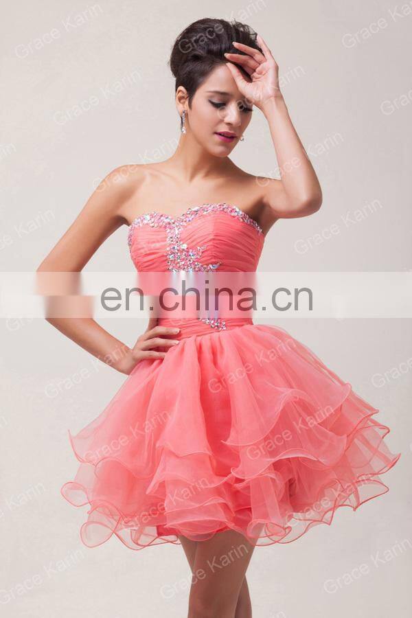 Grace Karin Strapless Watermelon Red Beaded Cocktail Dresses Short CL6077-1