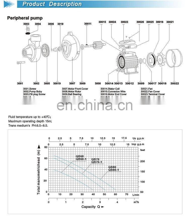 Water Pump Specifications QB80 QB70 QB60 0.5hp Peripheral Water Pump