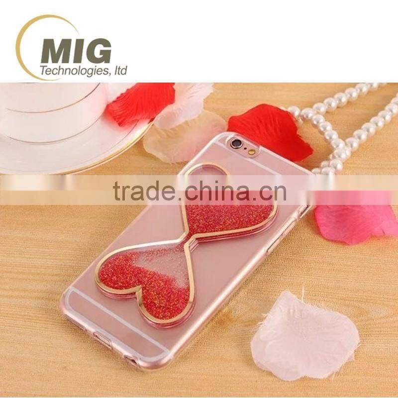 Fasion Designed 3D Heart-Shaped quikcksand cell phone case, transparent Soft TPU cover for iphone 6/6s