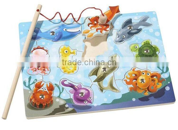 Hot sell educational wooden toy of magnetic fishing puzzle games