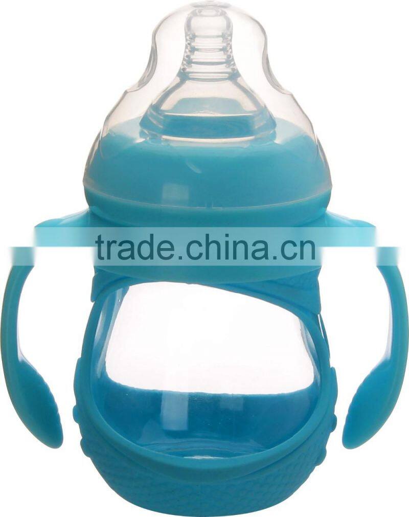 OEM high quality anti cracking borosilicate glass baby bottle with silicone sleeve