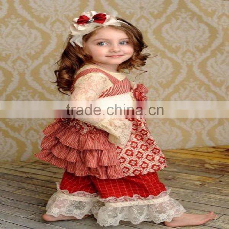 Wholesale long sleeve chevron floral dress matching lace ruffle pants baby girls clothing sets