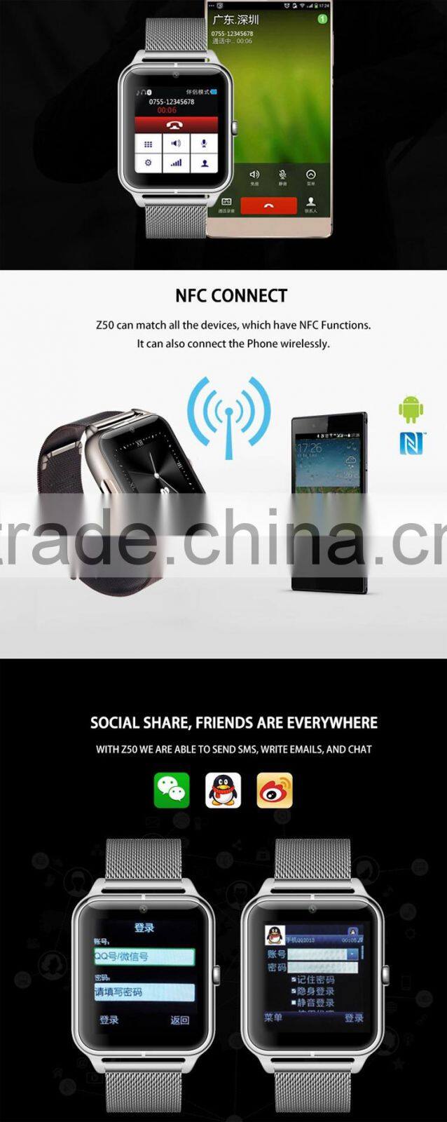 2016 New fashion Z50 Bluetooth Smart Watch with Heart Rate SIM card TF Mp3 Mp4 pedometer sleep Monitoring or IOS Android phones