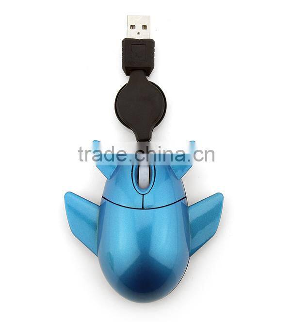 aeroplane shaped wired optical mouse with retractable cable
